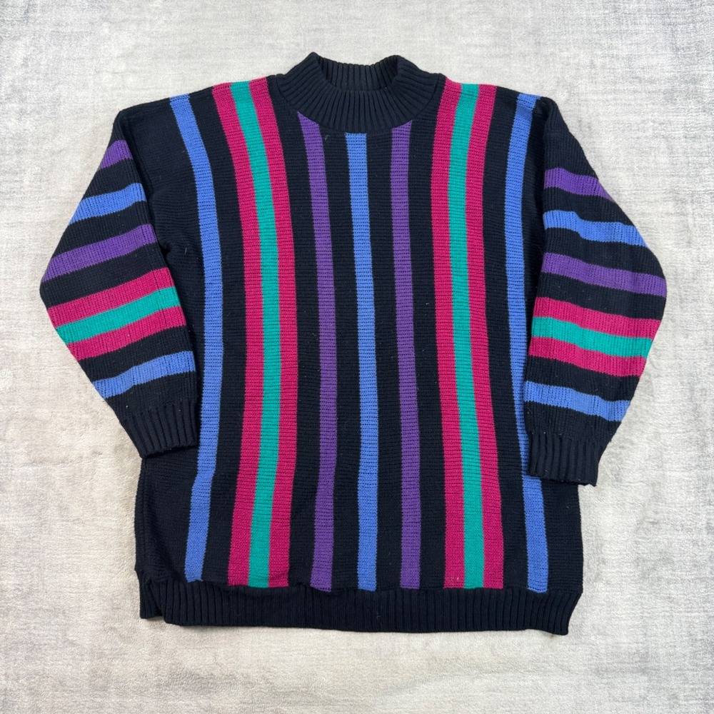 Clifton Place Sweater Women XL Black VTG Striped Mock Neck Retro Knit Pullover